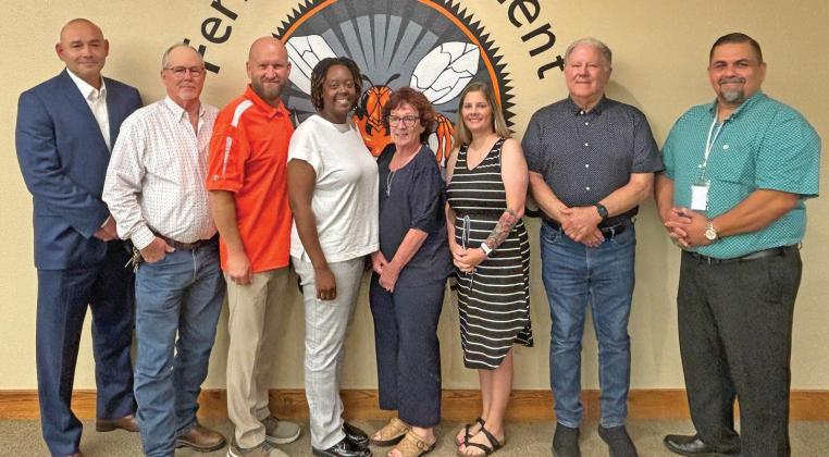 New and Returning  Ferris ISD Board Members were sworn in Tuesday, May 21, (left to right) Ferris ISD Superintendent, Hector Madrigal with Board Members Nick Hamm, Richard Sasser, Hershana Rowutt, Nancy Salmon, Misty Koerkenmeier, Lee Longino, and Rico Rodriguez.